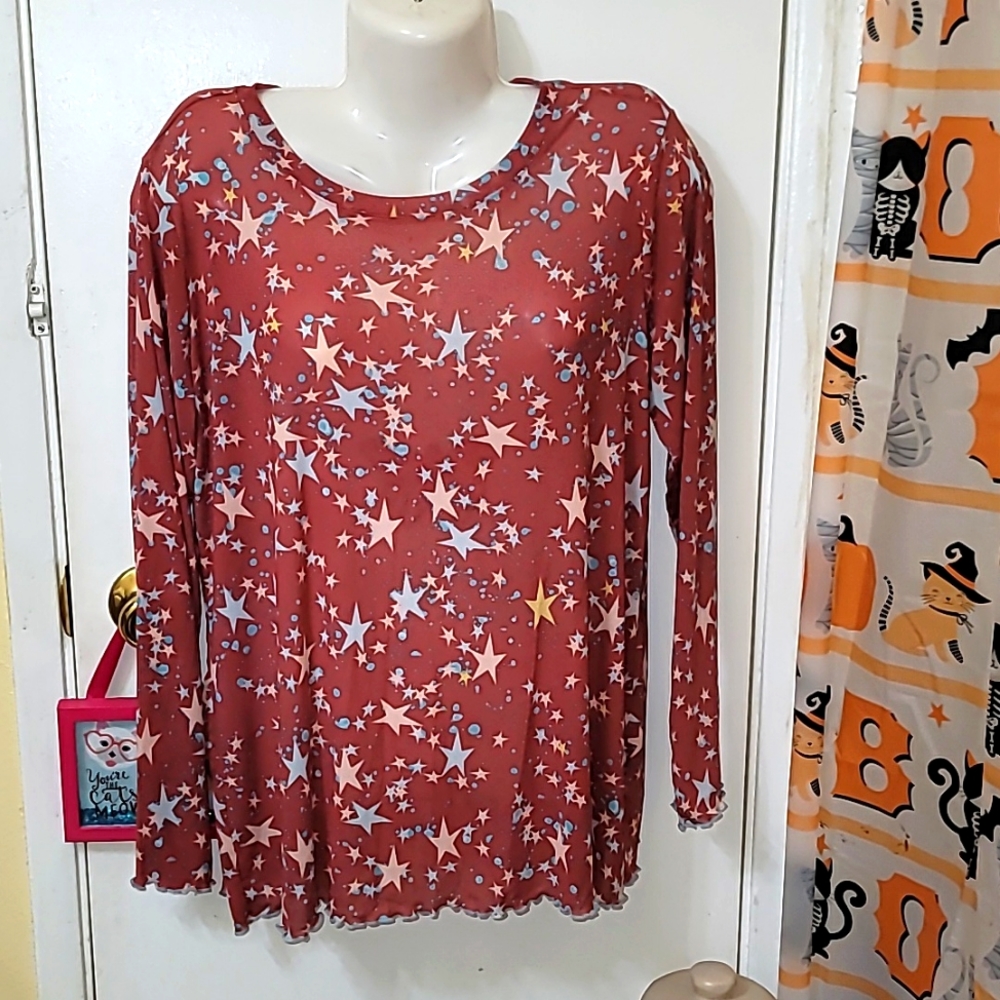 Logo layers top mesh semi sheer star print long sleeve